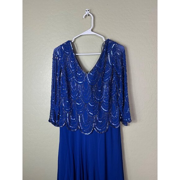 NWT J Kara Women's V-Neck 3/4 Sleeve Scalloped Beaded Mock Dress, Royal/Multi, 4 - Picture 3 of 8